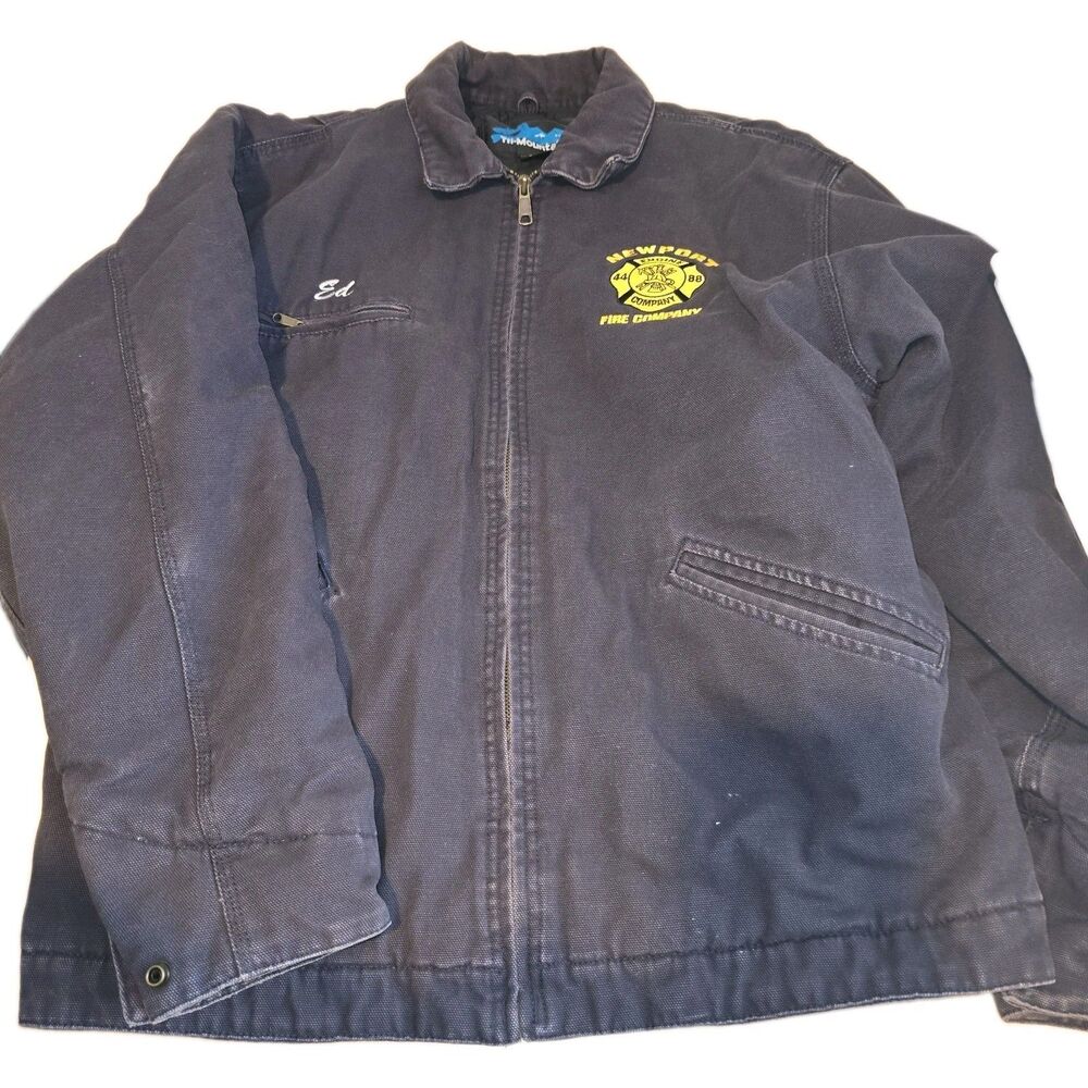 Tri-Mountain Blue Canvas Work Jacket Quited Lined Mens Large Collar Embroidery